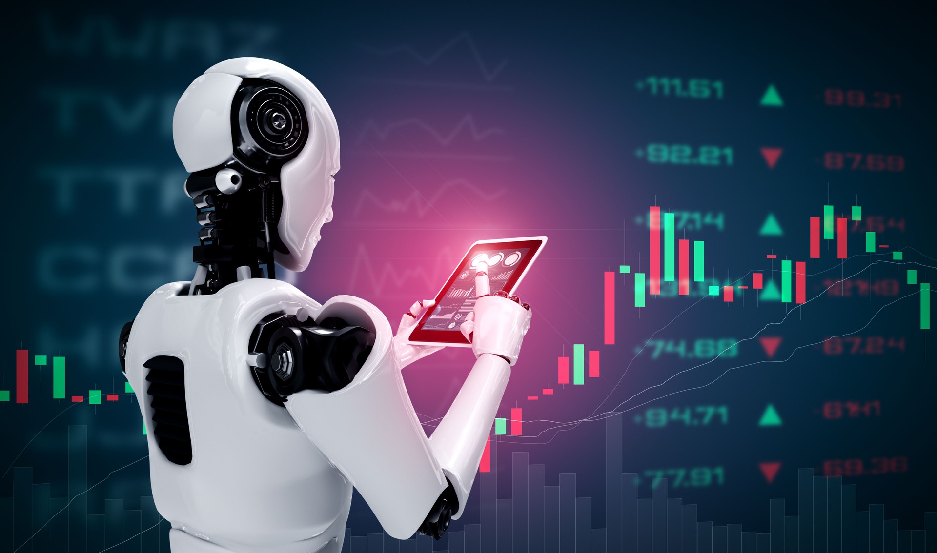 Robot humanoid using tablet computer in concept of stock market trading