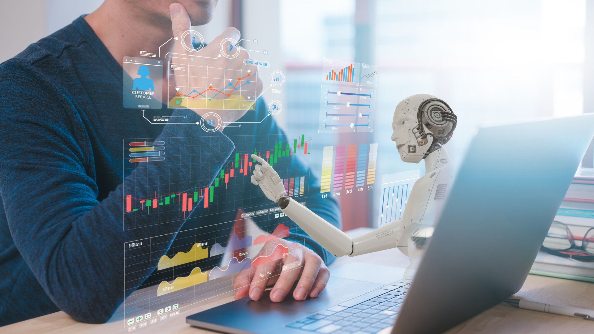 Data analysis Robot trading concept. businessman working with data charts with AI Robot represents use of artificial intelligence in trading investing. Digital transformation technology